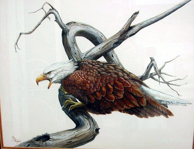 ציור שמן עיט על גזע עץ 