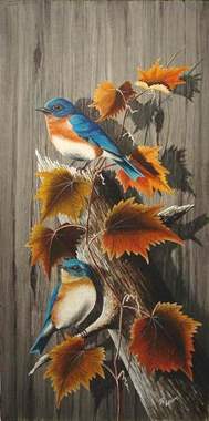 ציור שמן של ציפורי שיר על ענף : image 1