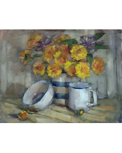 ציור מופשט של פרחים צהובים באגרטל