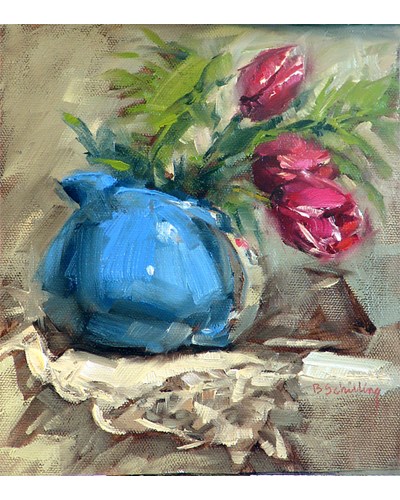 ציור מופשט של פרחים אדומים באגרטל