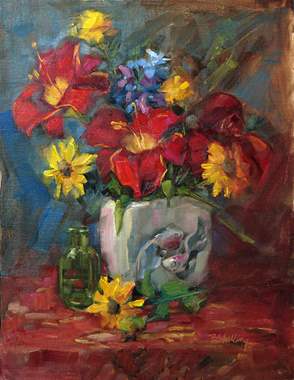 ציור מופשט פרחים בצבעים שונים באגרטל : image 1