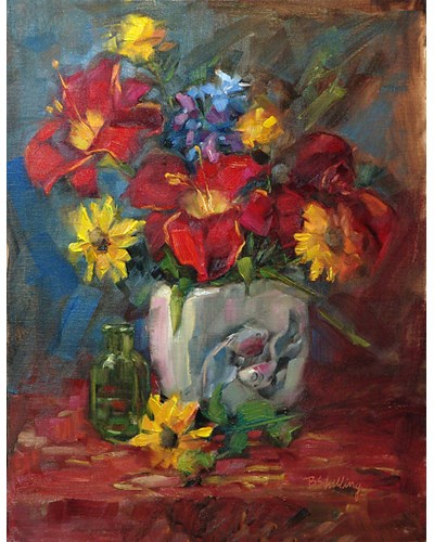 ציור מופשט פרחים בצבעים שונים באגרטל