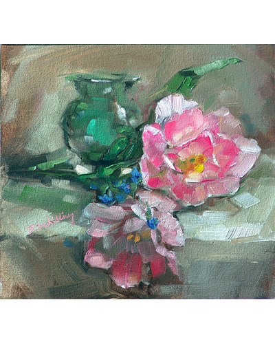 ציור מופשט פרחים בצבעים ורוד לבן