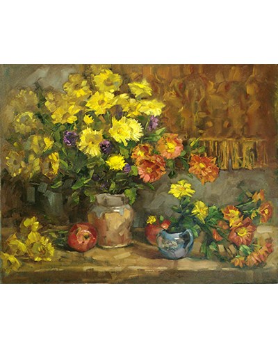 ציור זר פרחים בצבעים שונים באגרטל