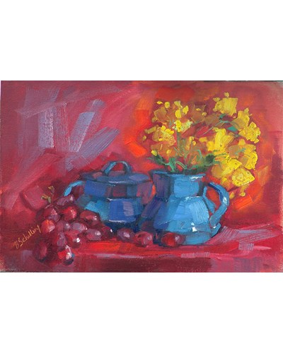 ציור מופשט אגרטל כחול עם פרחים צהובים