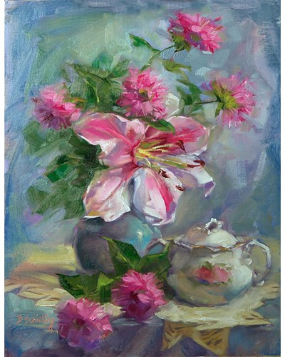 ציור מופשט אגרטל ופרחים יפים בגוונים של ורוד לבן