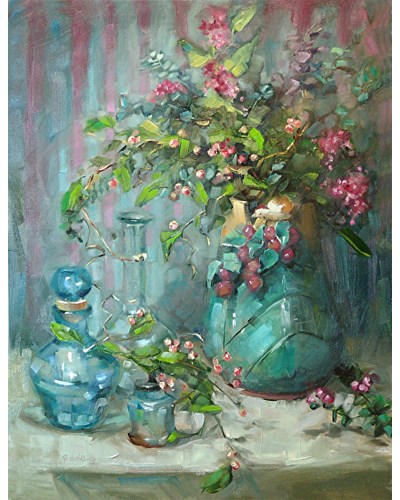 ציור שמן של אגרטל בצבע טורקיז ופרחים בגוונים של ורוד