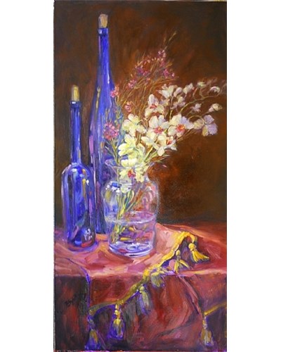 ציור שמן של פרחים יפים על שולחן