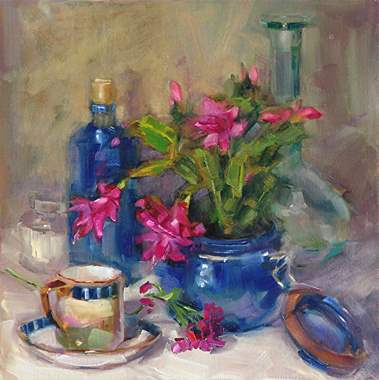 ציור שמן של פרחים באגרטל, בקבוק וספל על השולחן : image 1