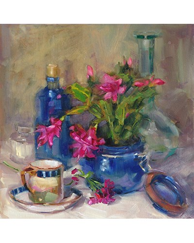ציור שמן של פרחים באגרטל, בקבוק וספל על השולחן