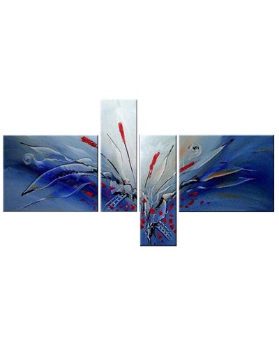 ציור שמן פרחים בחלקים שונים על גוונים של כחול