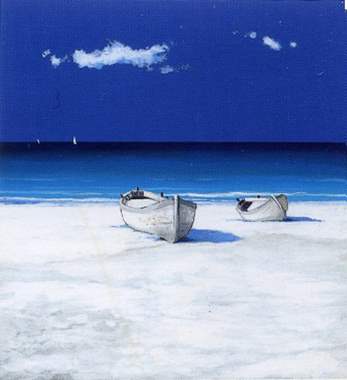 ציור שמן ים כחול ויפה וסירה על החוף : image 1