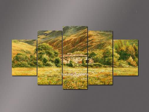 ציור חמישה חלקים של בית בשדה חיטה למרגלות ההר  : image 1
