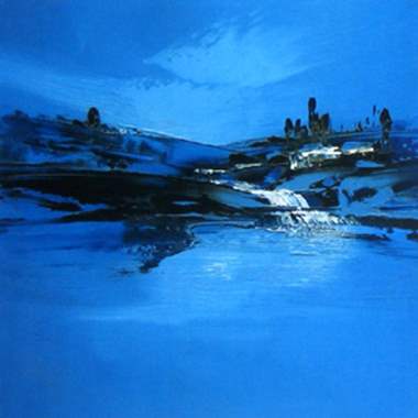 ציור שמן מופשט לילה כחול בהרים : image 1